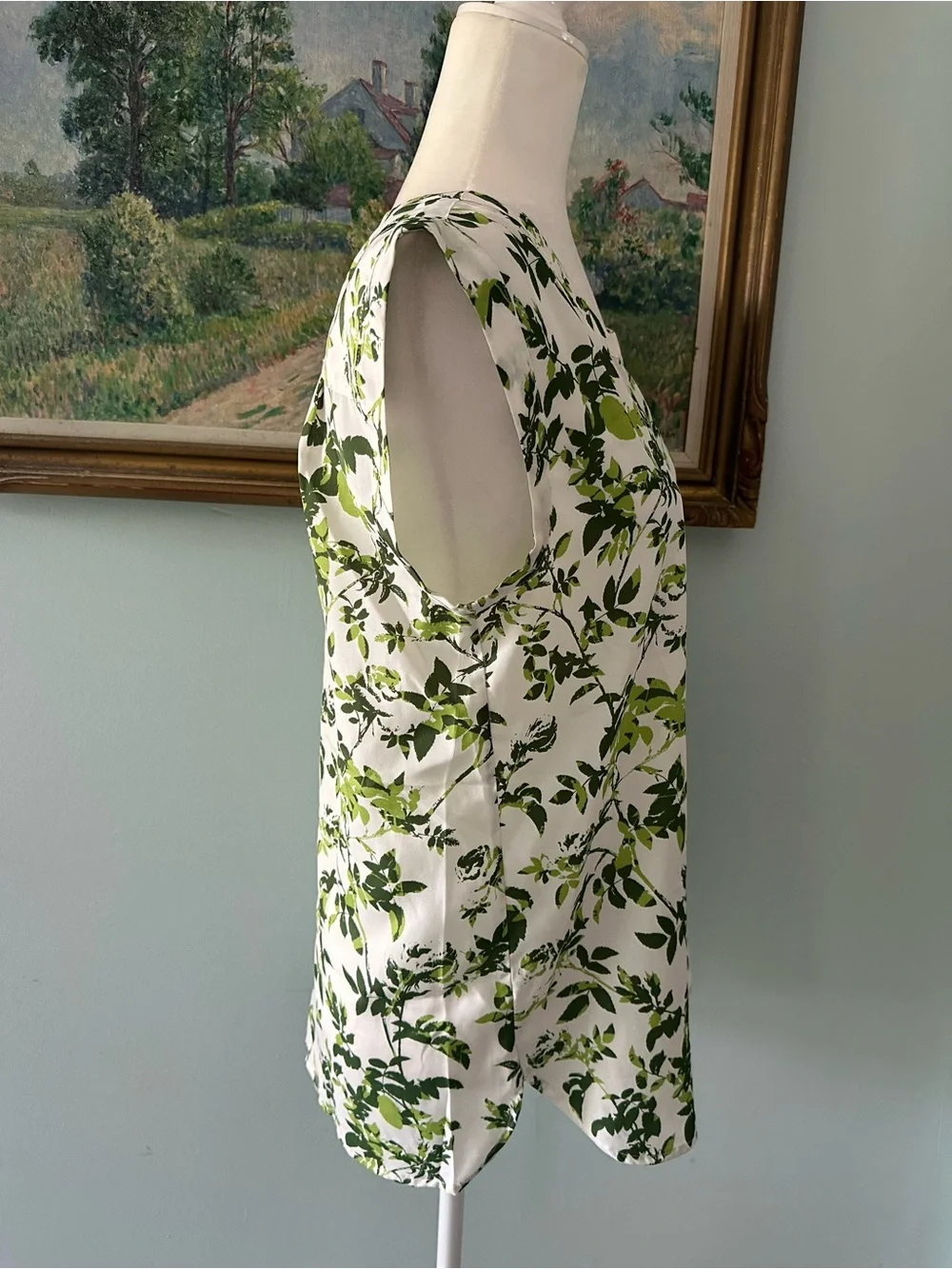 J. Crew White Sleeveless Top with Green Botanical Print